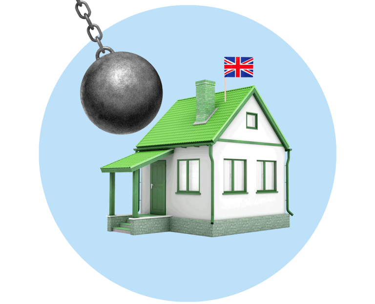 A wrecking ball swinging towards a green house with a UK flag on the roof