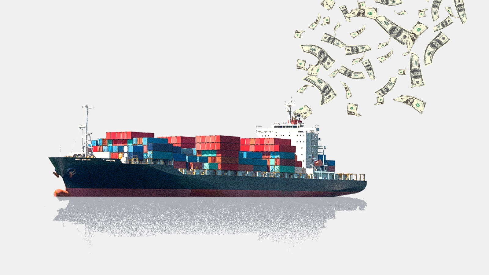 A cargo ship belching money out of a smokestack