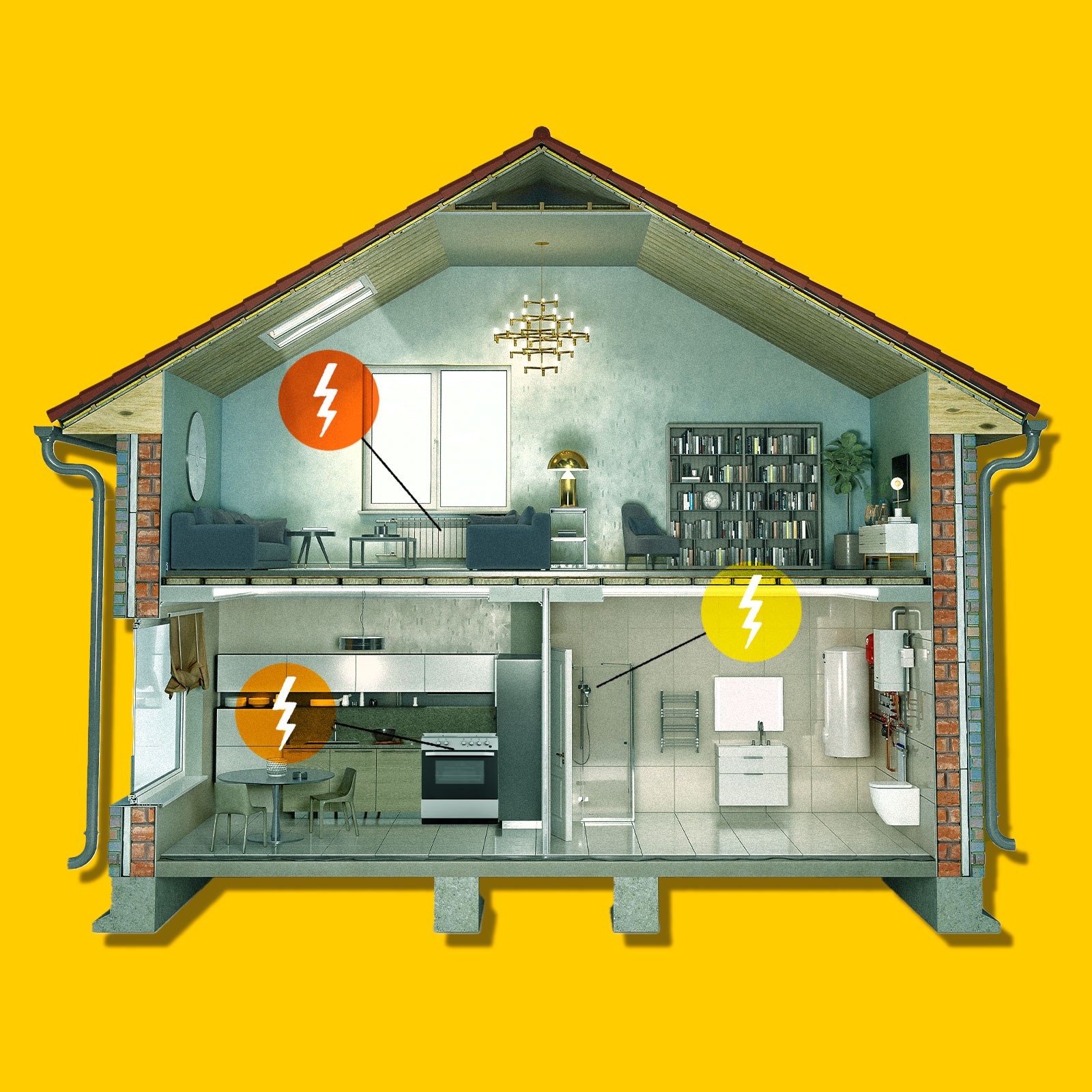 Interior of a house with lightning bolts on appliances