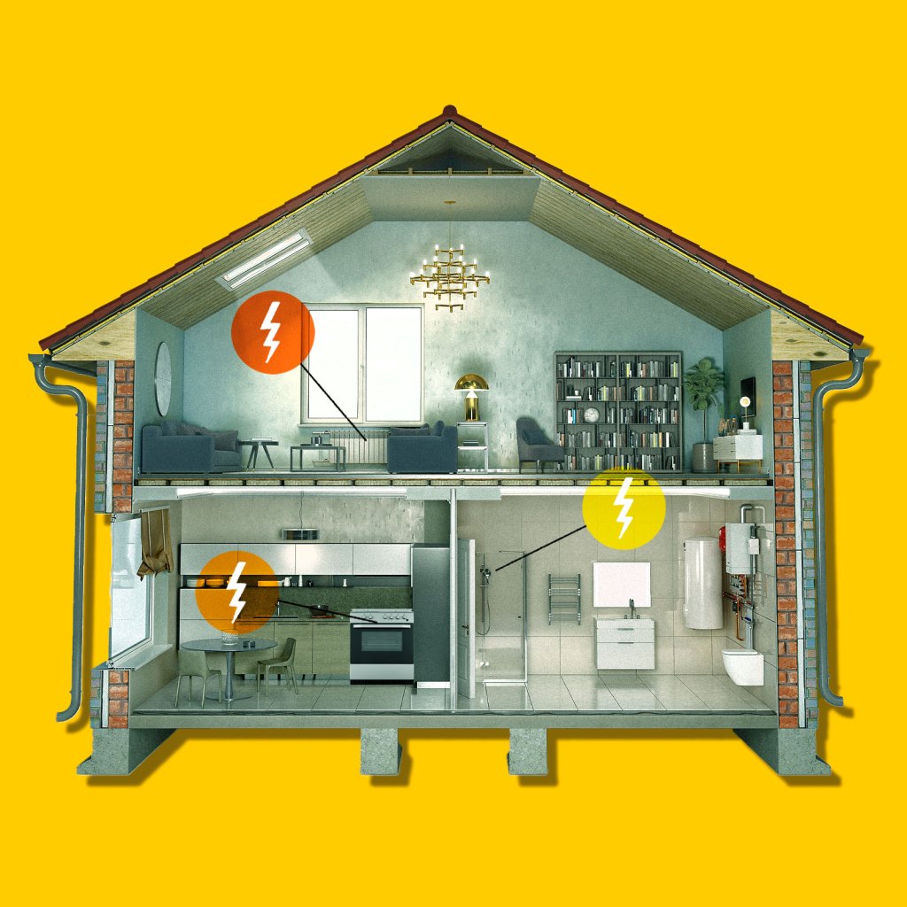 Interior of a house with lightning bolts on appliances