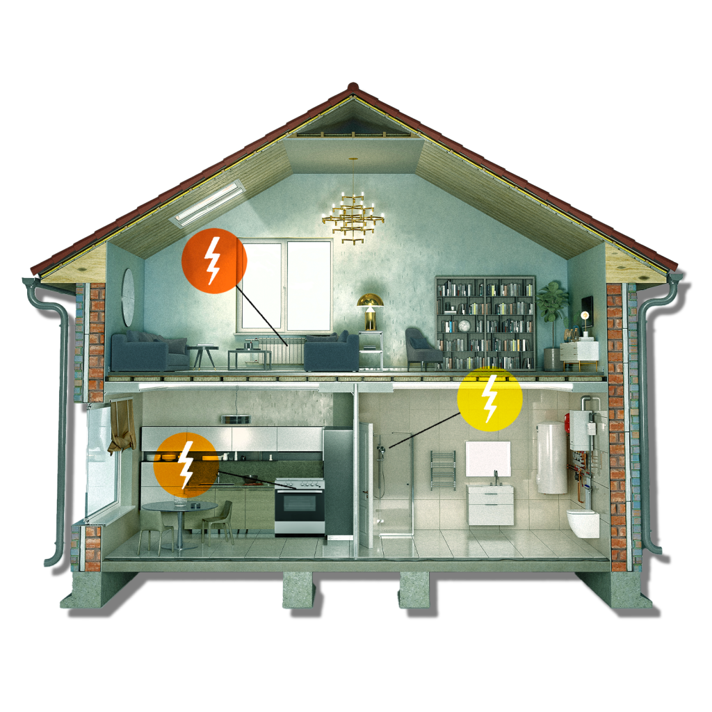 Interior of a house with lightning bolts on appliances