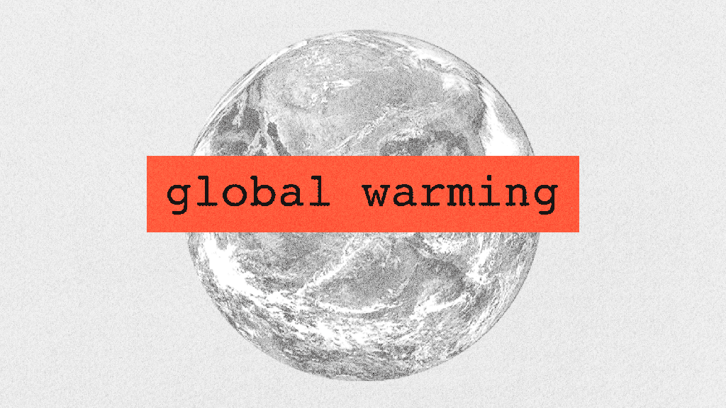 An animation of the words global warming in a red rectangle getting crossed out on top of a background of a greyscale earth.