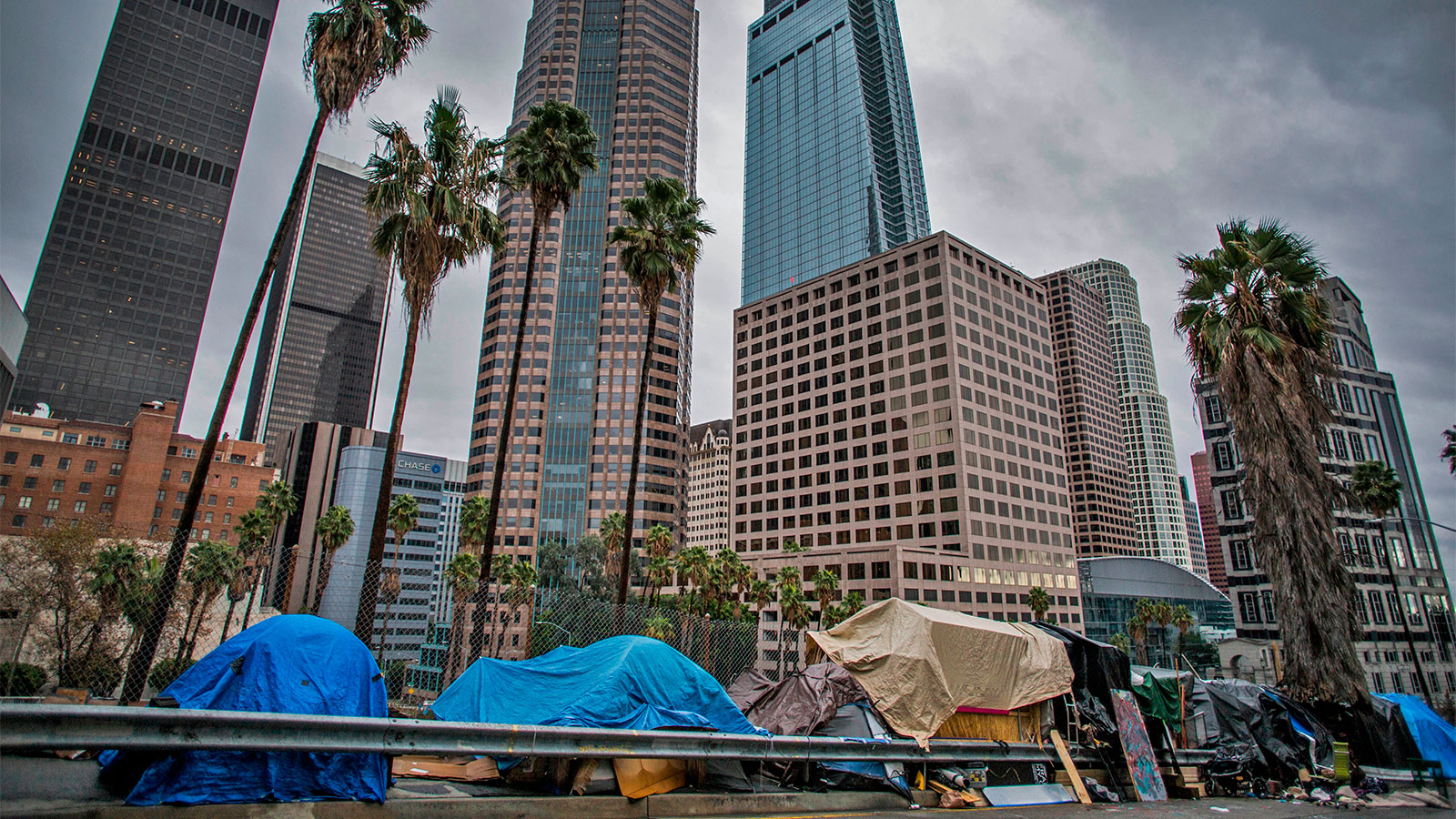 A row of homeless tents in front of tall building in downtown Los Angeles.