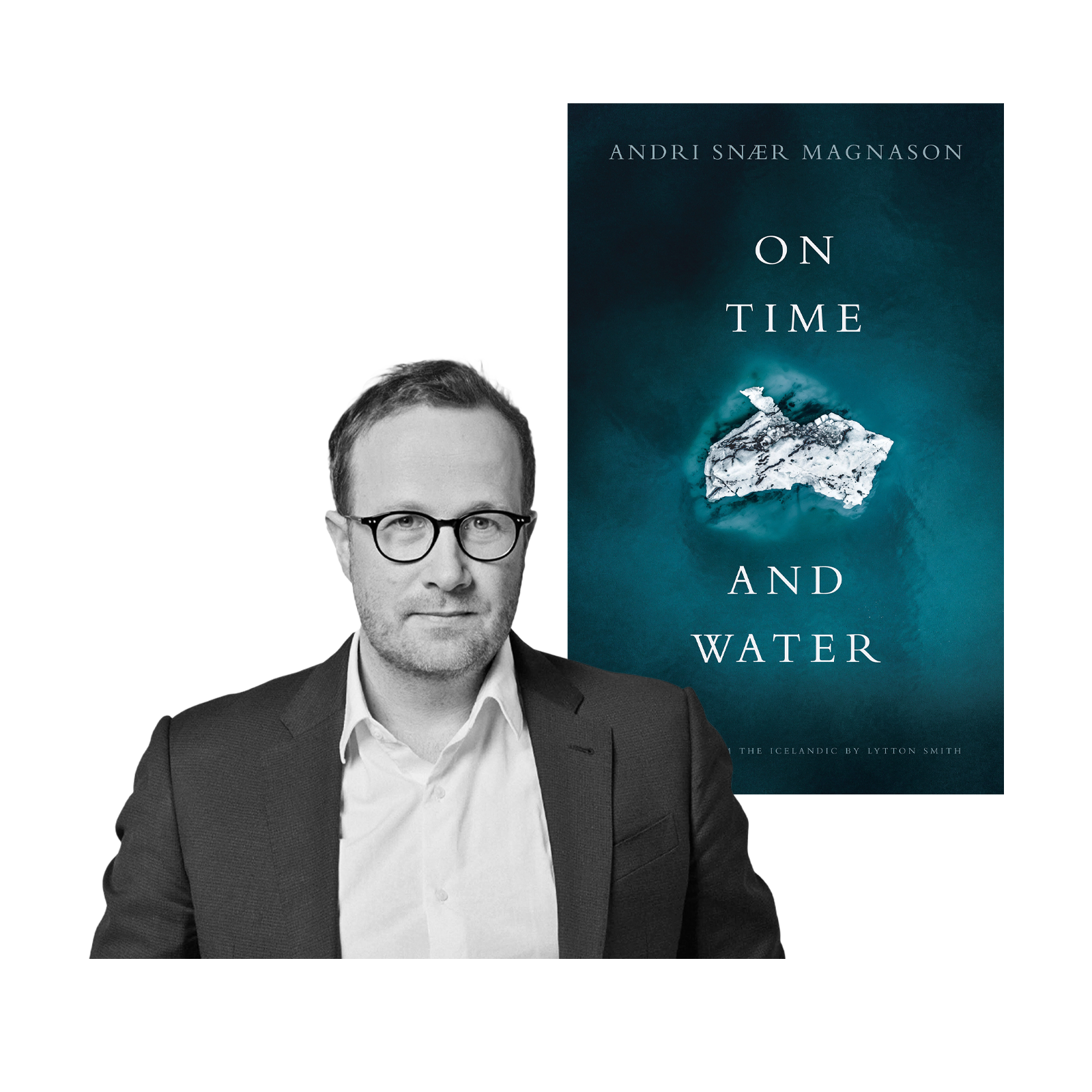 A photo of Andri Snær Magnason and the cover of his book, 