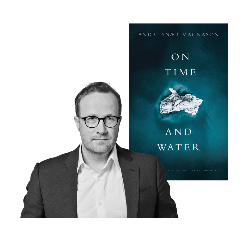 A photo of Andri Snær Magnason and the cover of his book, 