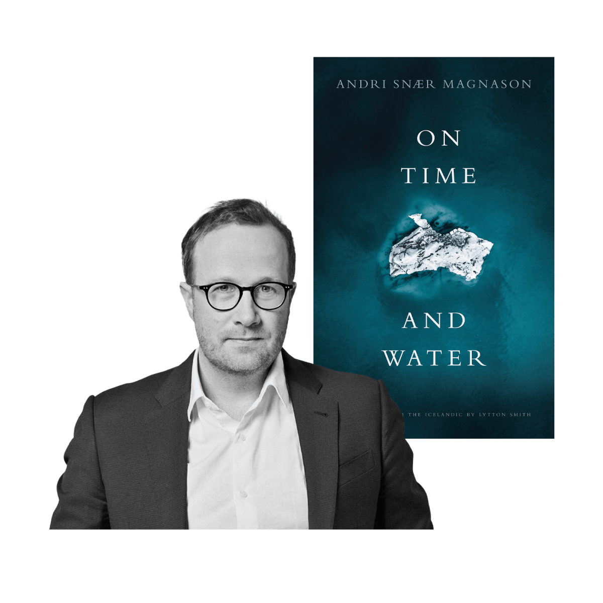 A photo of Andri Snær Magnason and the cover of his book, "On Time and Water"