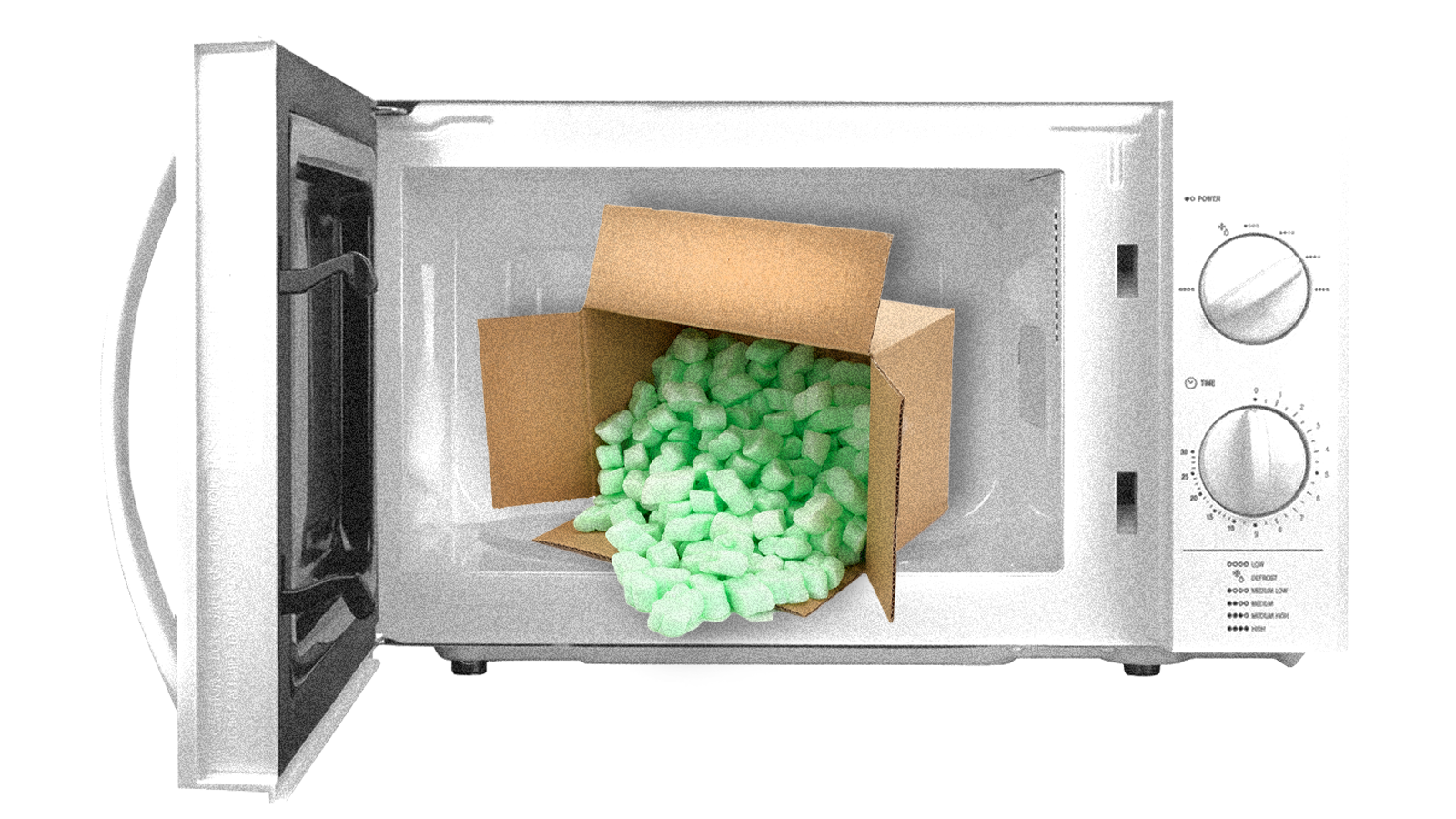 An open microwave with a box of polystyrene packing peanuts in it