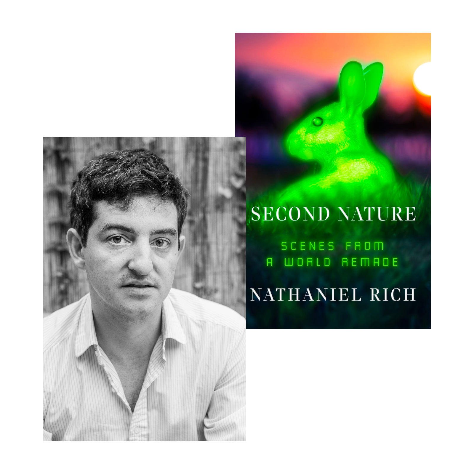 A photo of Nathaniel Rich alongside the cover of his book, 
