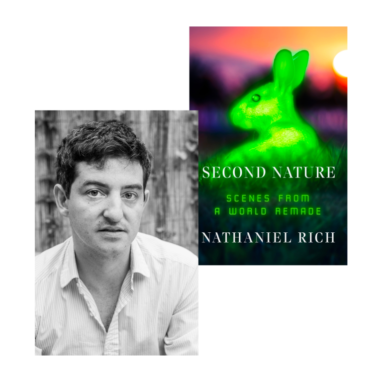 A photo of Nathaniel Rich alongside the cover of his book, "Second Nature"