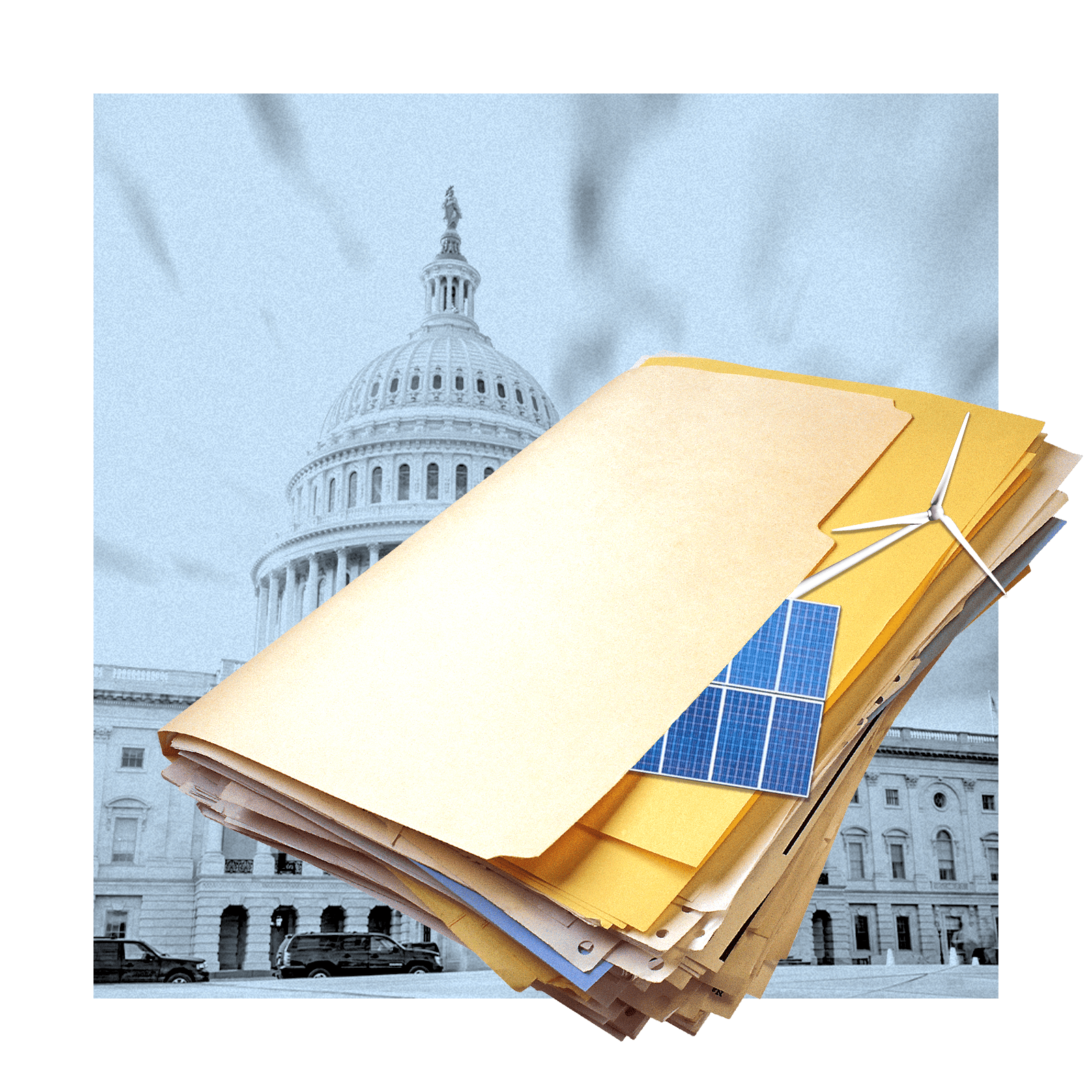 A manila folder filled with paper with a wind turbine and solar panel peeking out from under the cover, representing quiet climate policy.