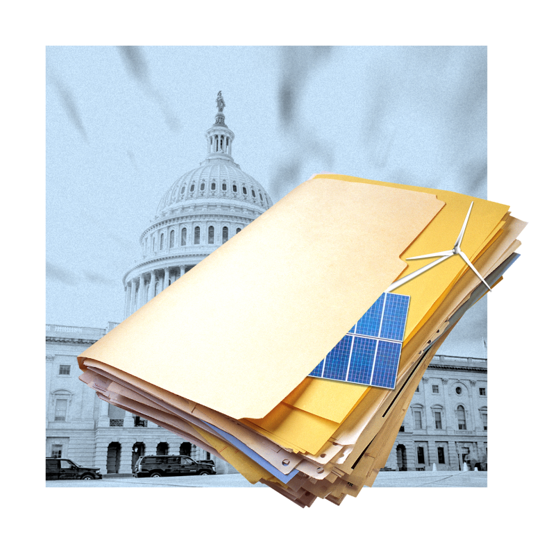 A manila folder filled with paper with a wind turbine and solar panel peeking out from under the cover, representing quiet climate policy.