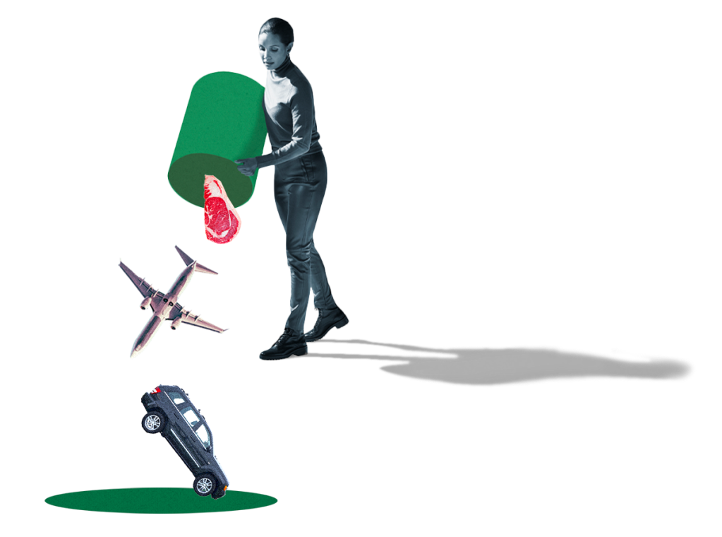 A woman dumping a steak, an airplane, and a car out of a barrel into a hole