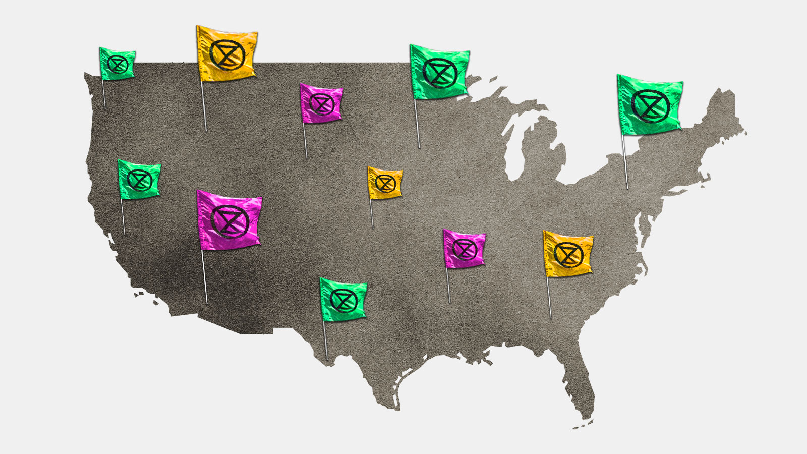 A map of the United States with Extinction Rebellion flags on it