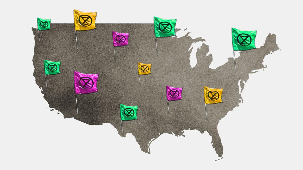 A map of the United States with Extinction Rebellion flags on it