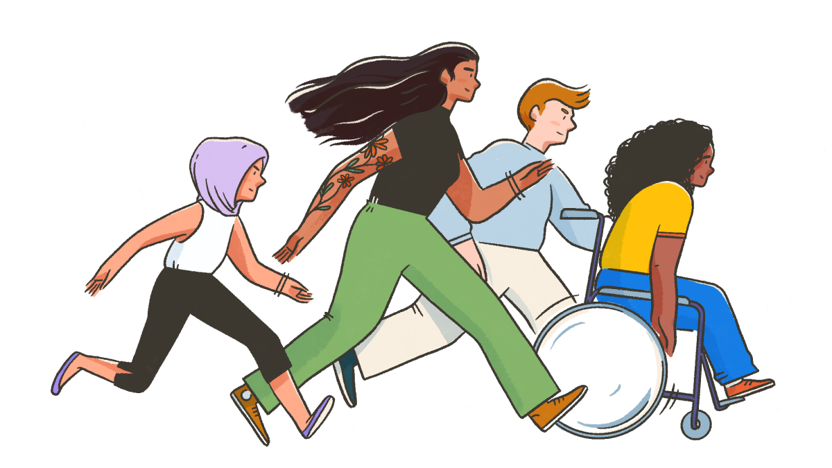 An illustration of a multiracial group of four people moving toward the right side of the frame.