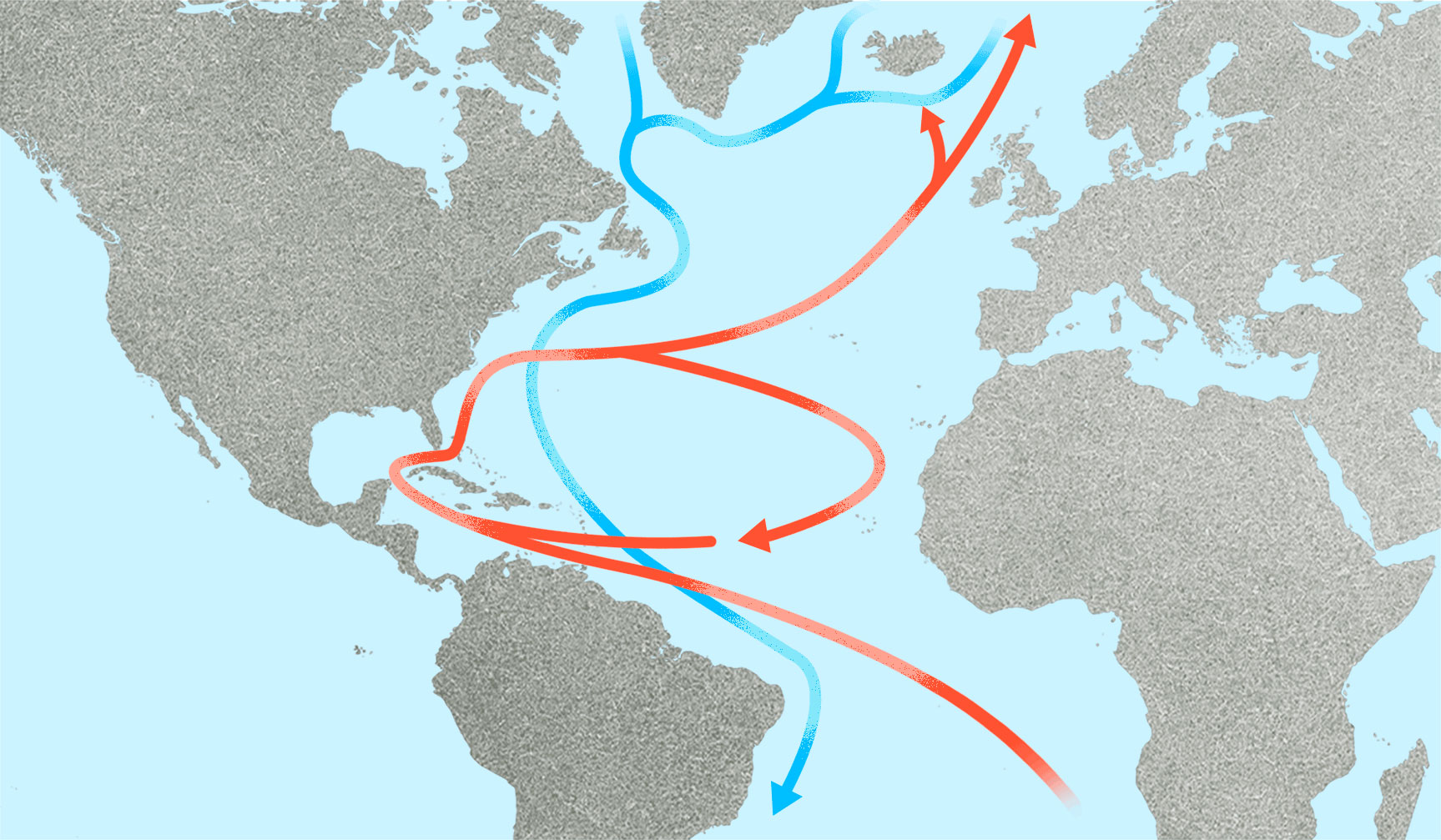 A map of the Atlantic ocean with blue and red arrows in the oceans signifying the flow of warmer and cold currents throughout the ocean.