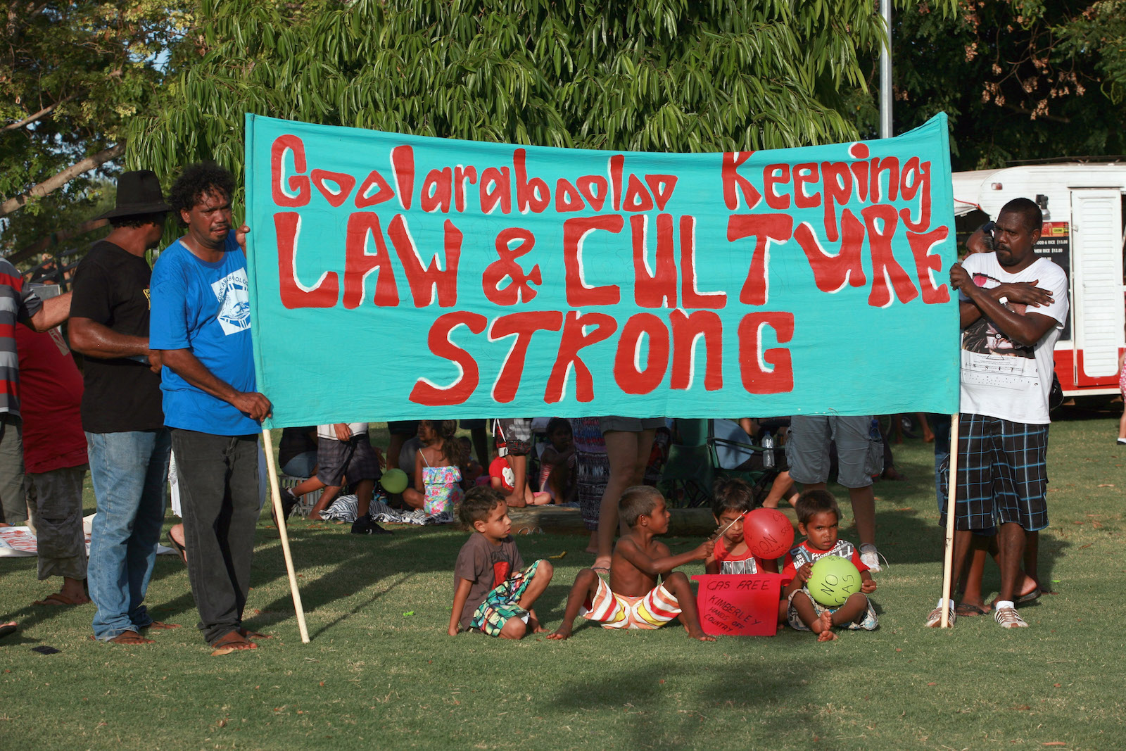 Broome residents attend "The Nowhere Else But Here" protest rally in 2011 in response to Woodside Energy LTD's plans for oil and gas exploration activity along the Kimberley coast.
