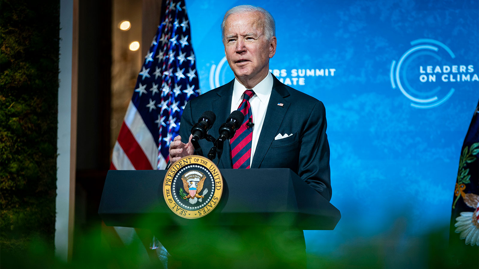 President Joe Biden delivering remarks during a virtual Leaders Summit on Climate