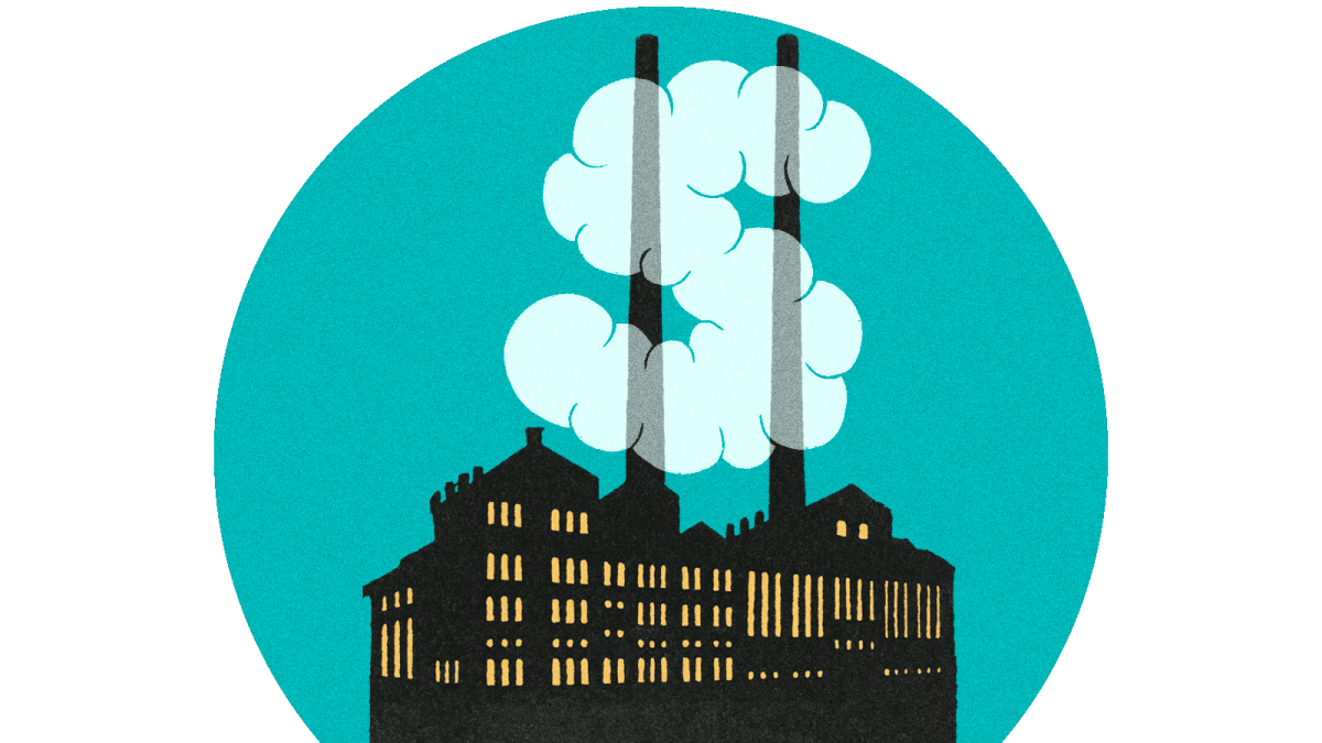 Illustration of silhouetted factory with smokestacks and clouds forming a dollar sign