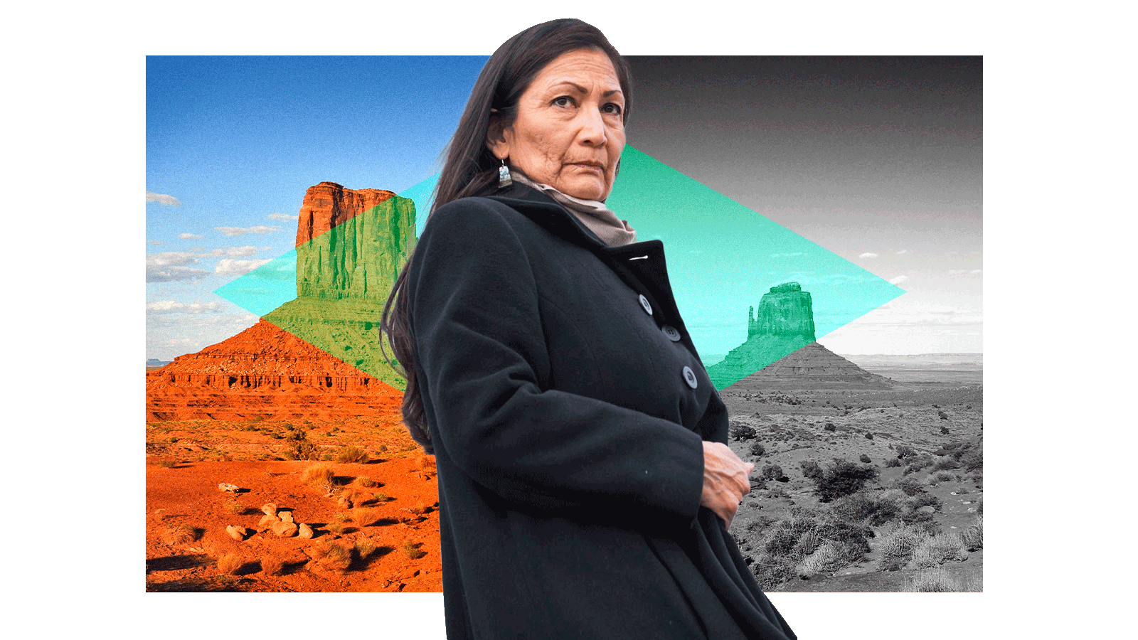 Deb Haaland against a background of the Navajo Nation