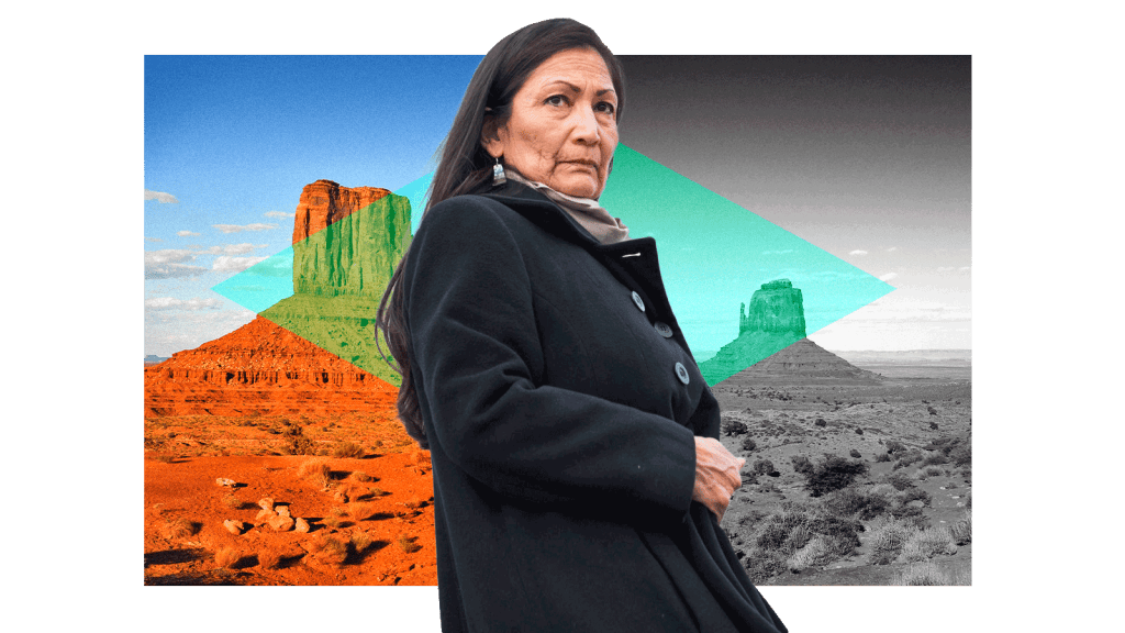 Deb Haaland against a background of the Navajo Nation