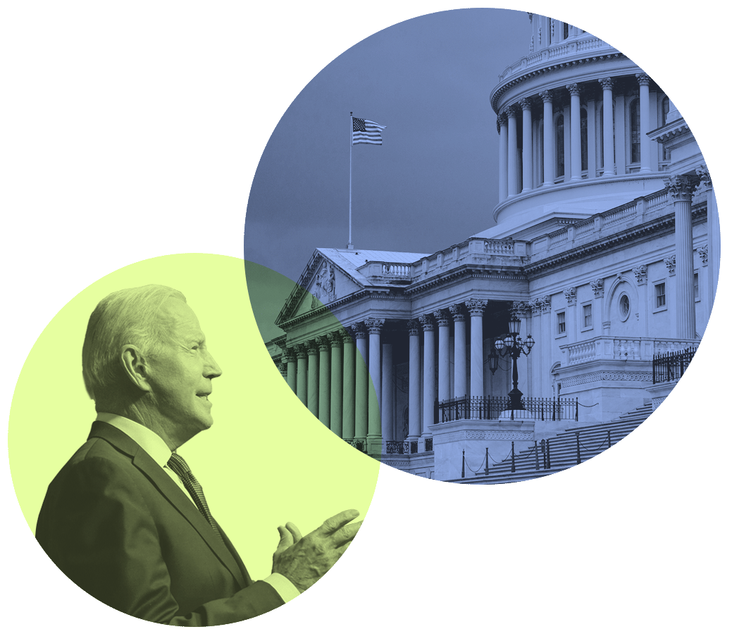 An image of US President Joe Biden, who recently laid out his initial budget proposal for next year, next to an image of the US Capitol.