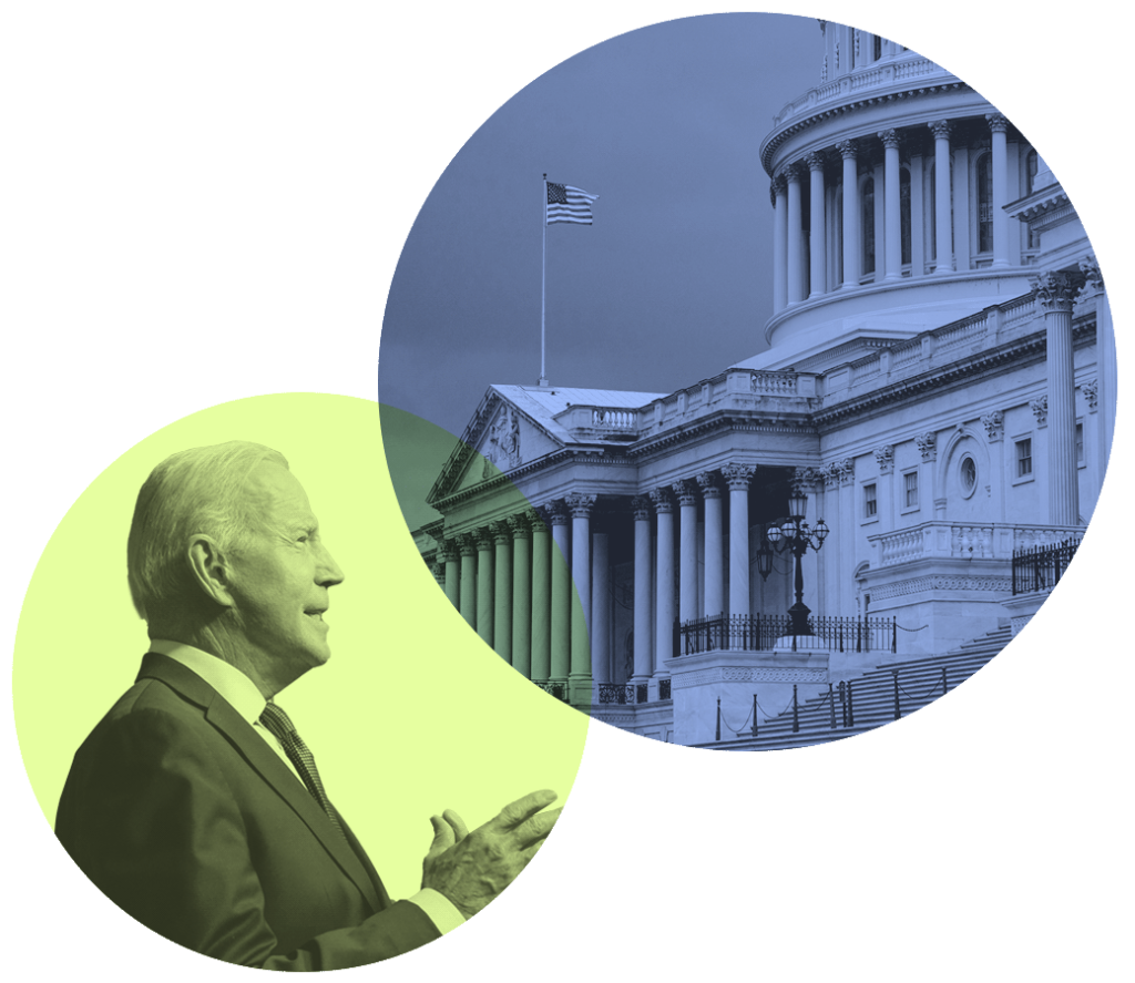 An image of US President Joe Biden, who recently laid out his initial budget proposal for next year, next to an image of the US Capitol.