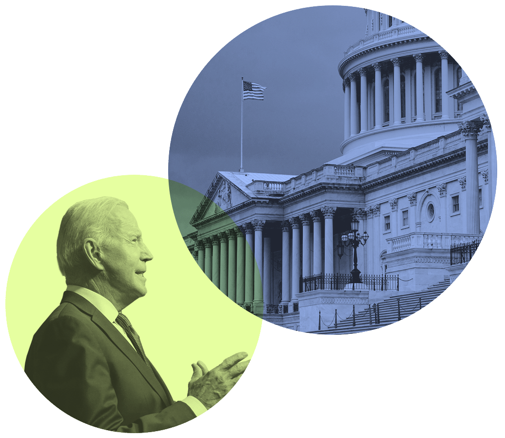 An image of US President Joe Biden, who recently laid out his initial budget proposal for next year, next to an image of the US Capitol.