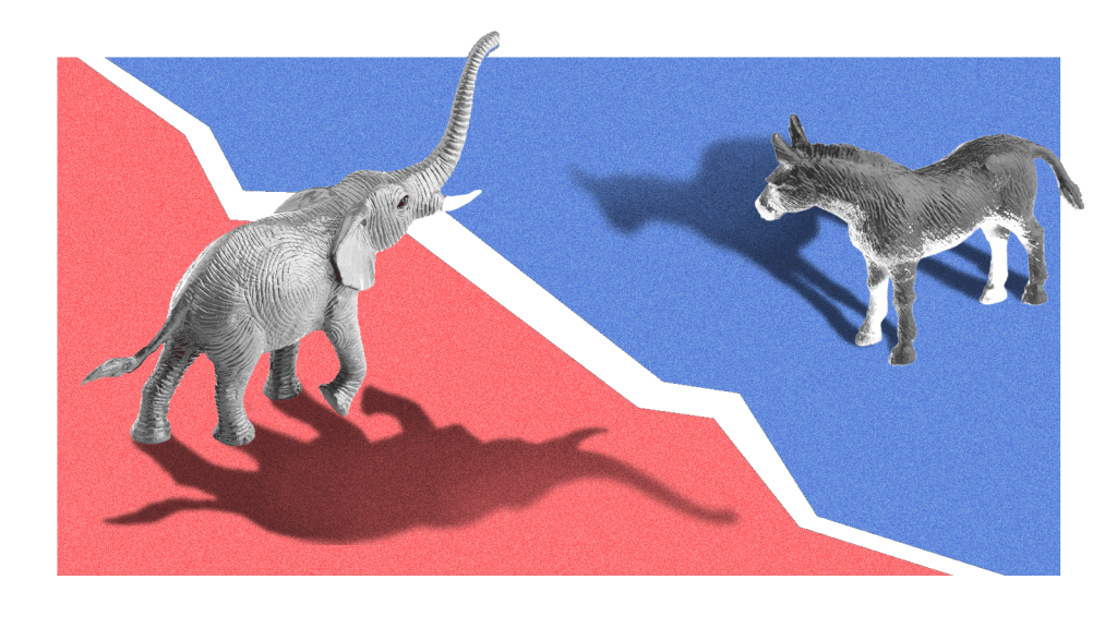 An elephant and a donkey facing each other across a chasm