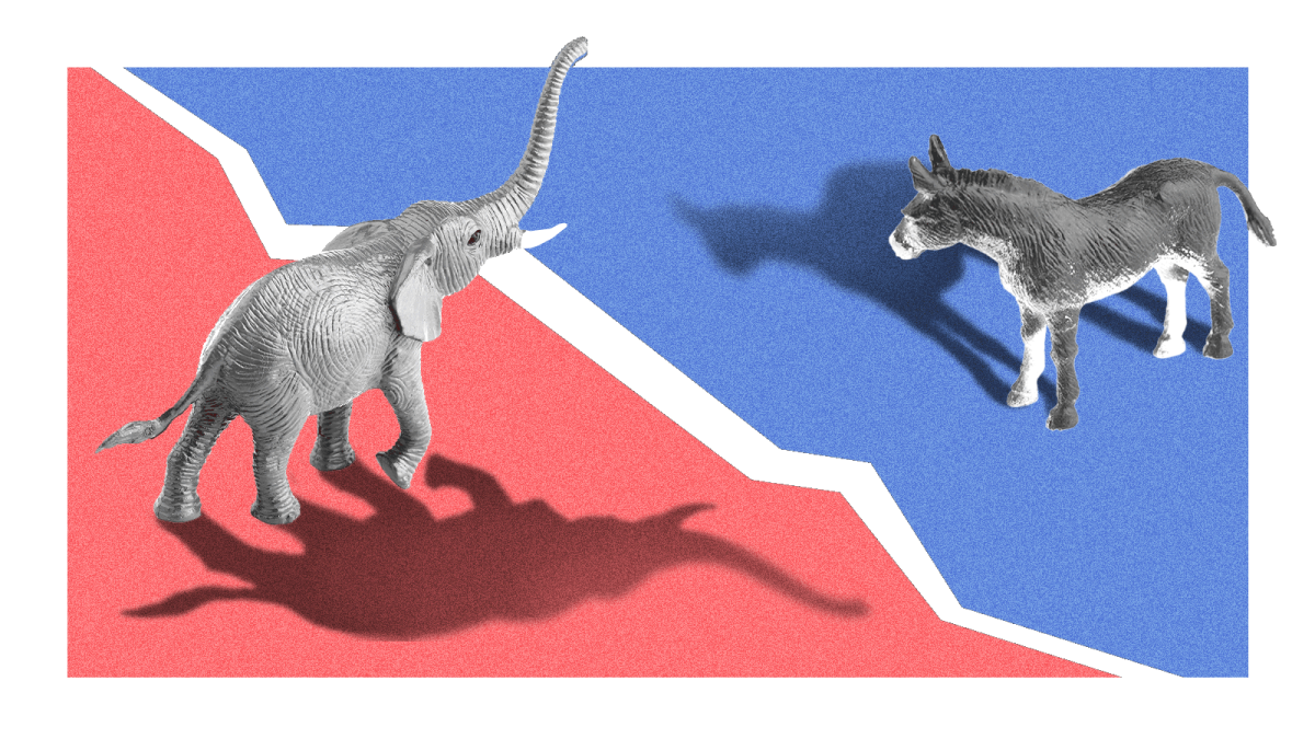 An elephant and a donkey facing each other across a chasm