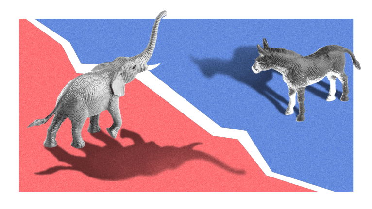 An elephant and a donkey facing each other across a chasm