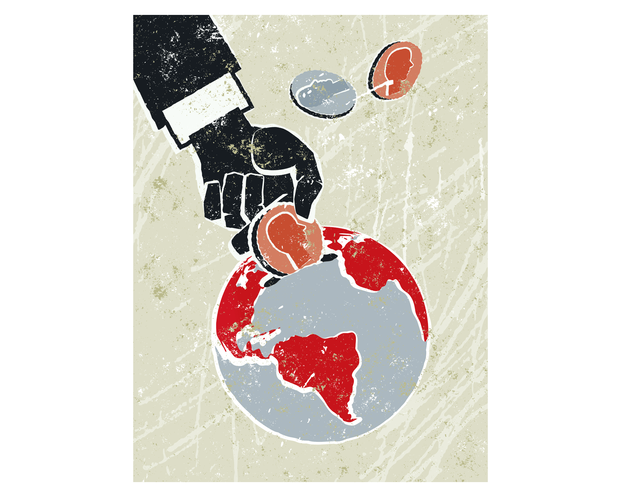Illustration of a hand putting coins into planet Earth
