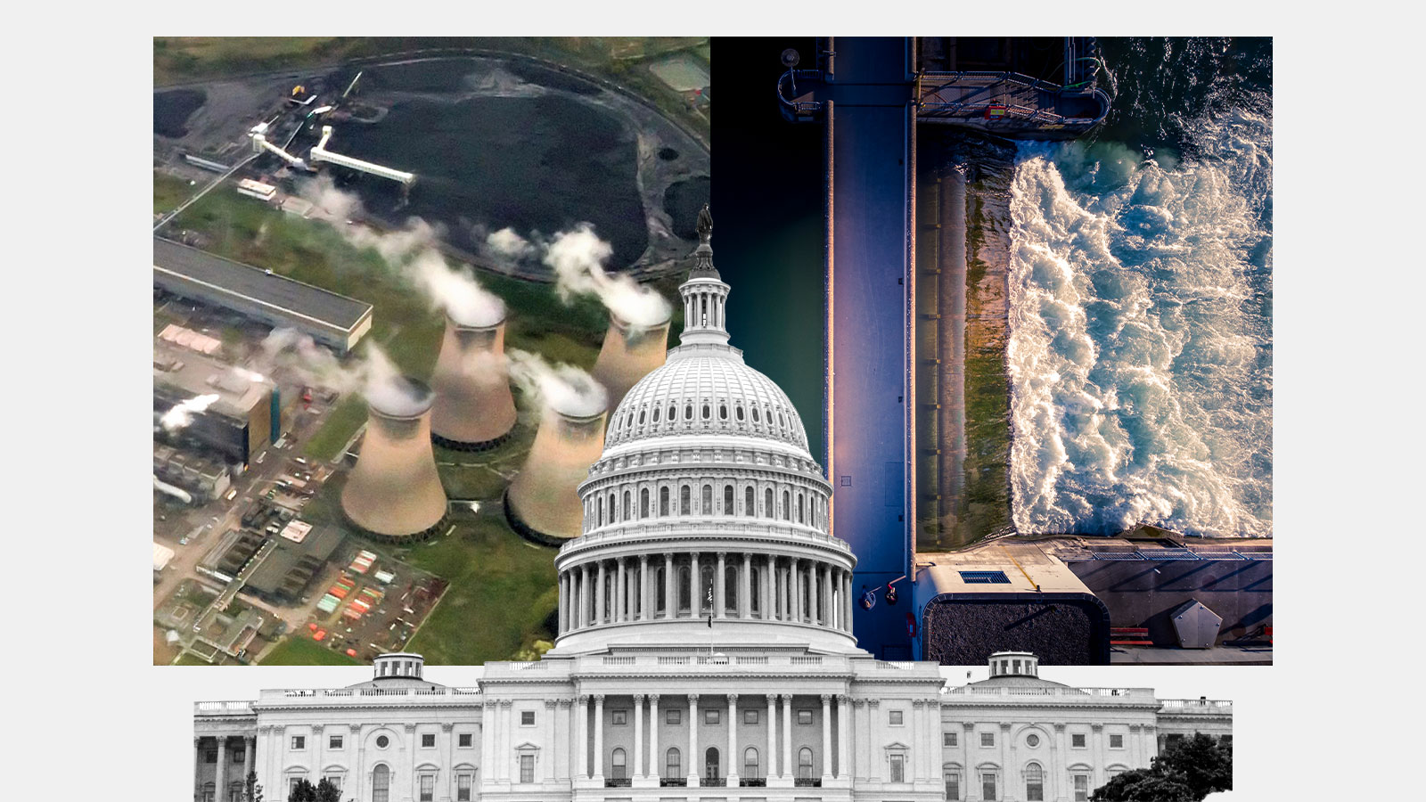 Capitol building in front of an image of nuclear cooling towers and a dam