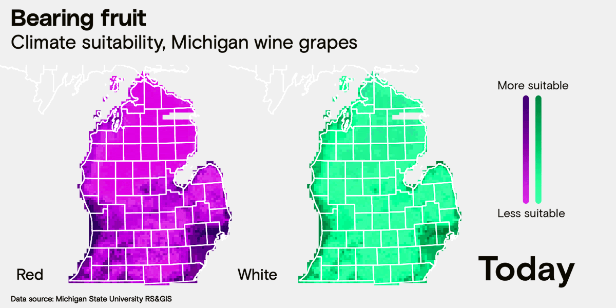 A map showing wine grape suitability in Michigan between today (2020) and the 2050s. The suitability region moves northward over time.