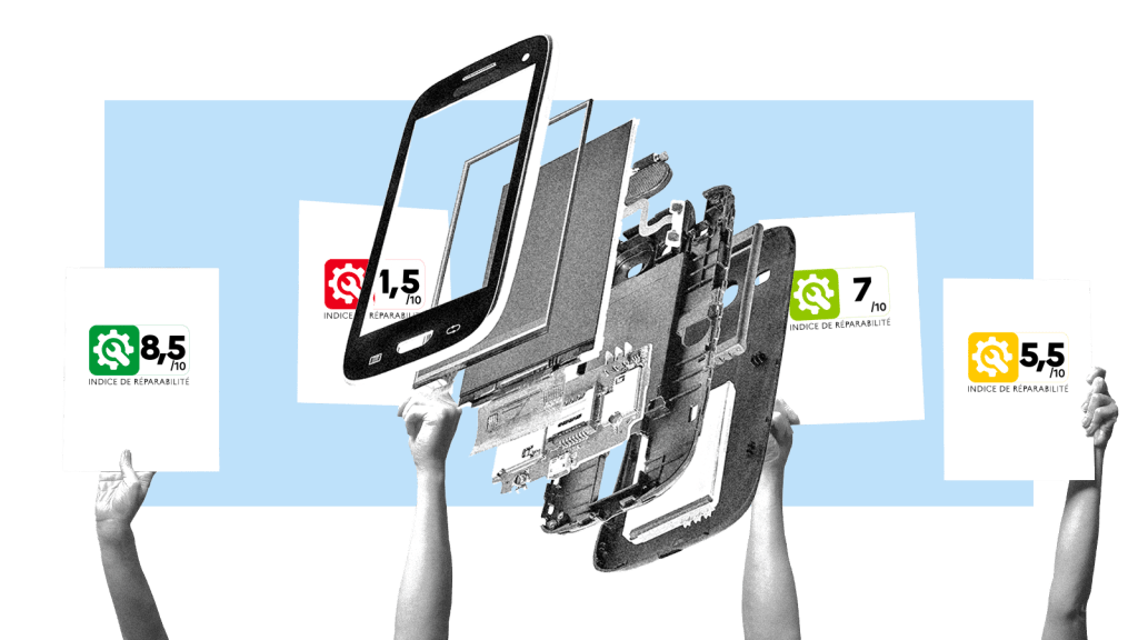 A disassembled smartphone with hands holding up scorecards