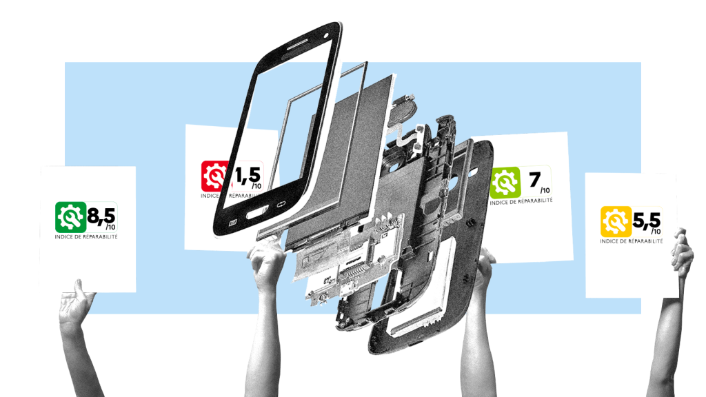 A disassembled smartphone with hands holding up scorecards
