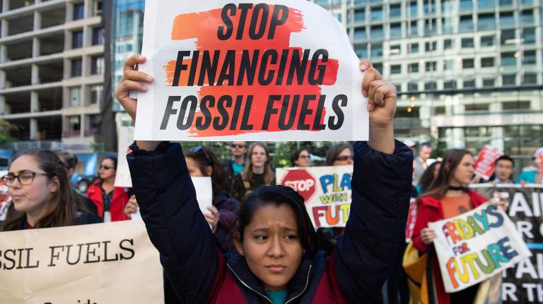 A young woman at a protest holding a sign that reads "Stop financing fossil fuels"