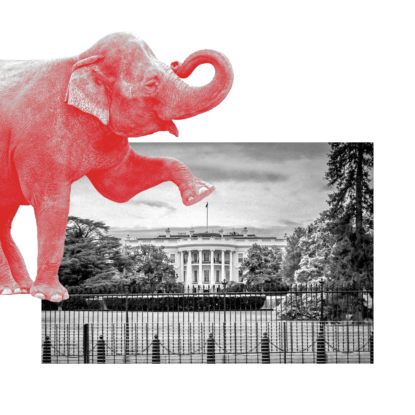 A red elephant stomping on the White House