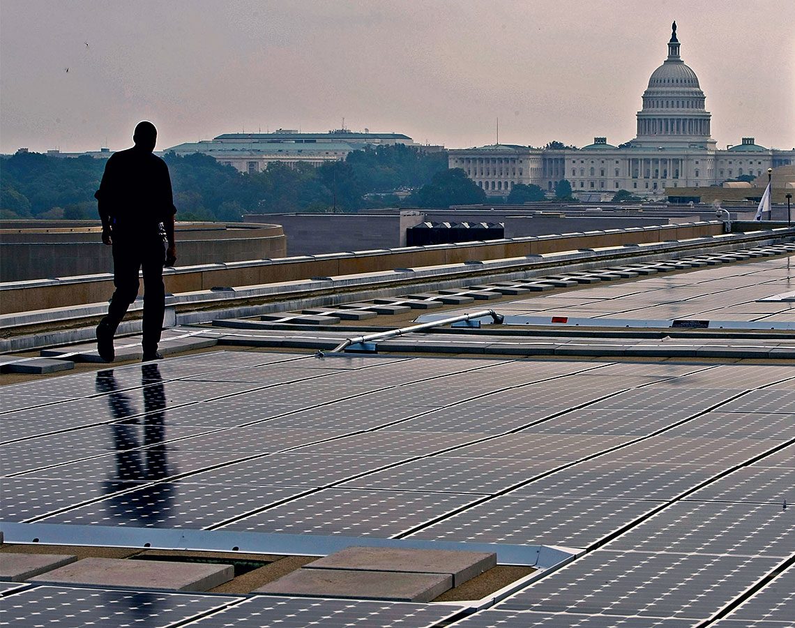 Solar panels on top of the roof of the U.S. Department of Energy Building in Washington, DC