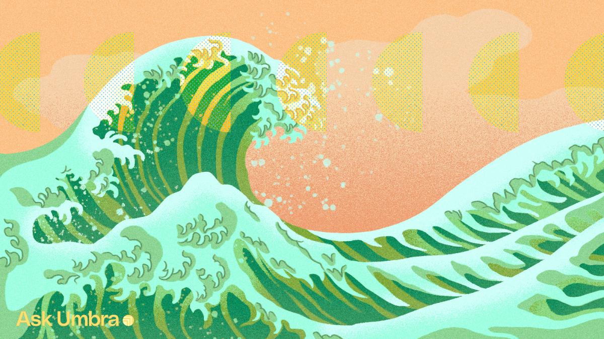 Illustration of a green wave in the style of Hokusai