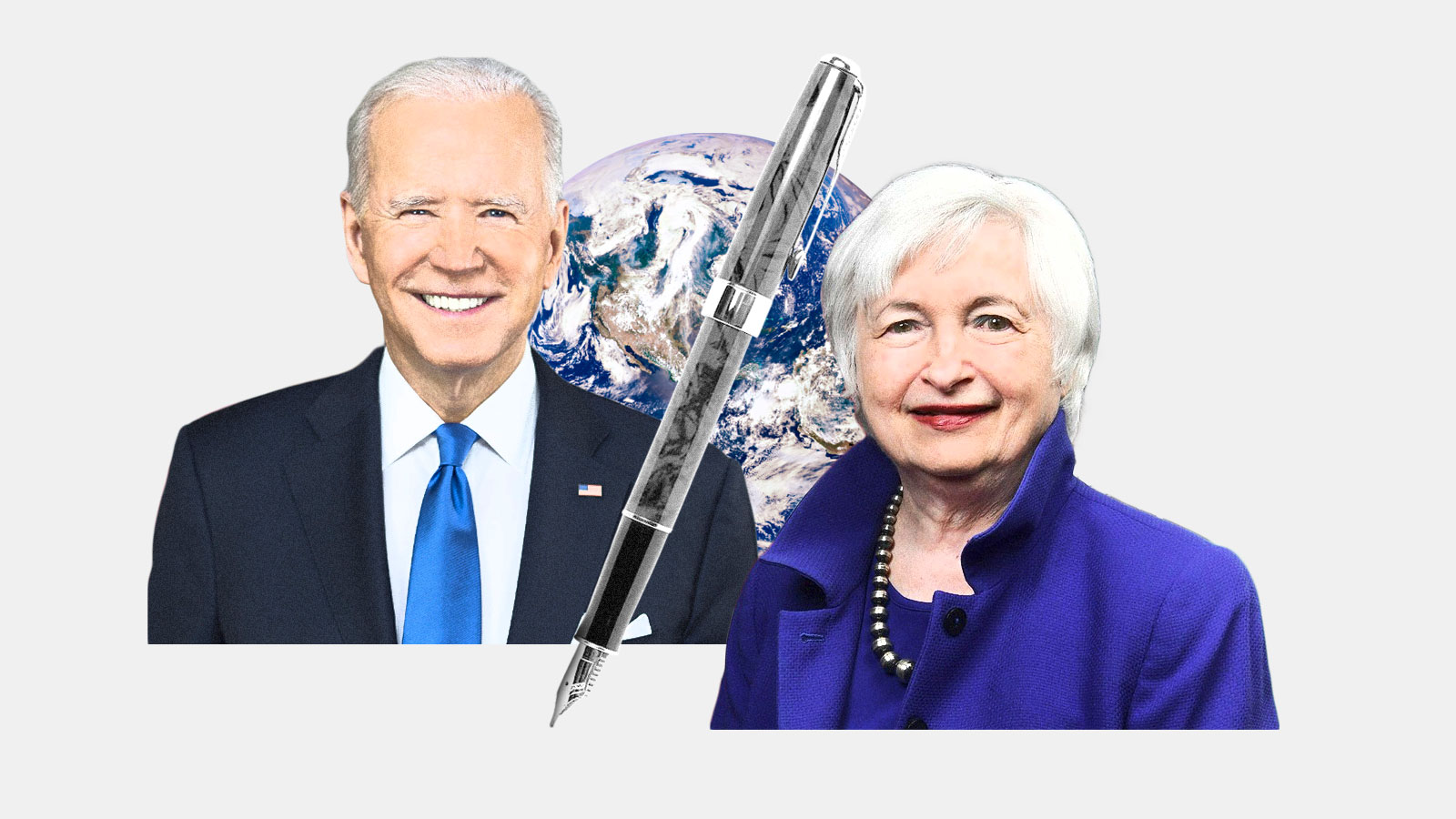 Joe Biden and Janet Yellen with a pen in between them and an Earth in the background