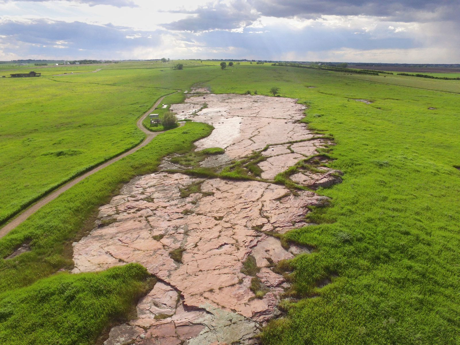 An aerial view of Jeffers Petroglyphs rock carvings and prairie.