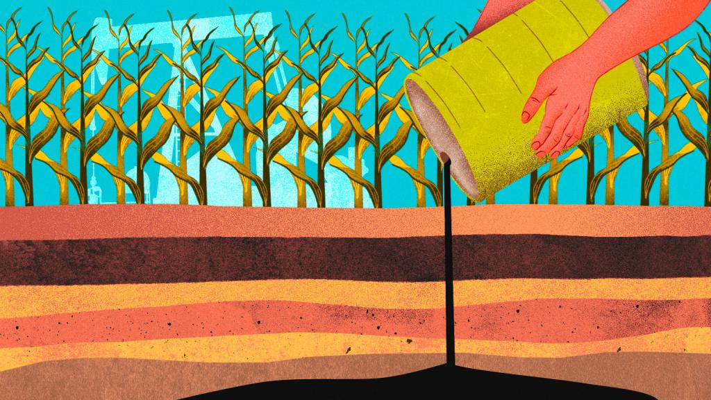 A person is pouring a barrel of oil into layers of soil, representing the carbon removal work of Charm.