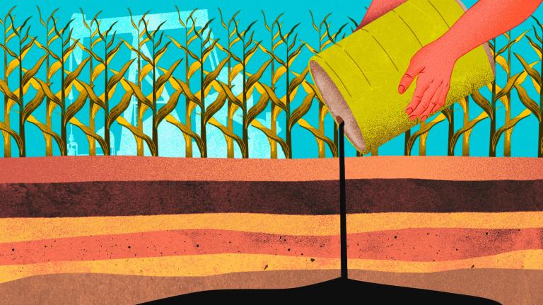 A person is pouring a barrel of oil into layers of soil, representing the carbon removal work of Charm.