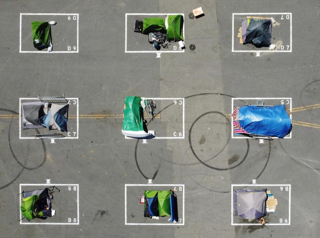 An aerial view of San Francisco city-sanctioned tent encampment for the homeless during the COVID-19 pandemic.