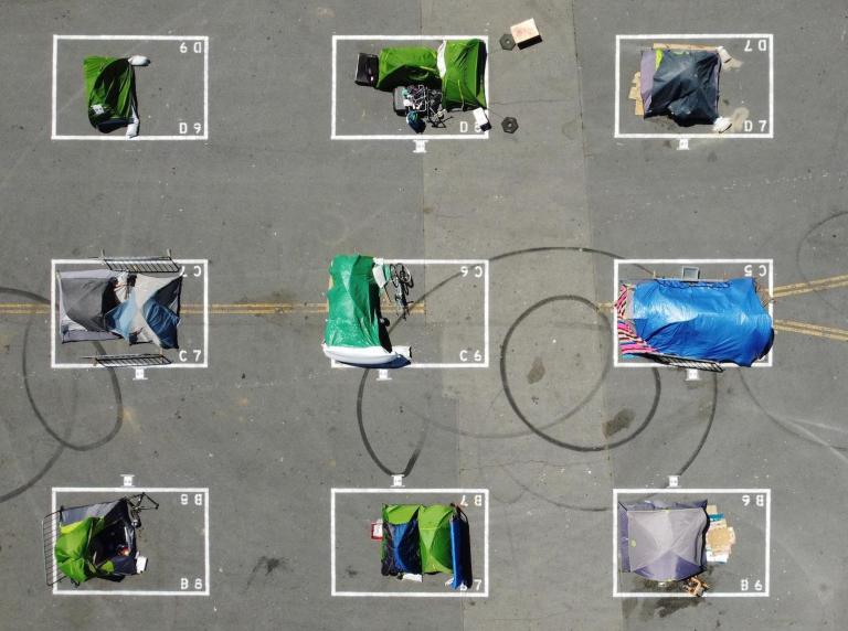 An aerial view of San Francisco city-sanctioned tent encampment for the homeless during the COVID-19 pandemic.