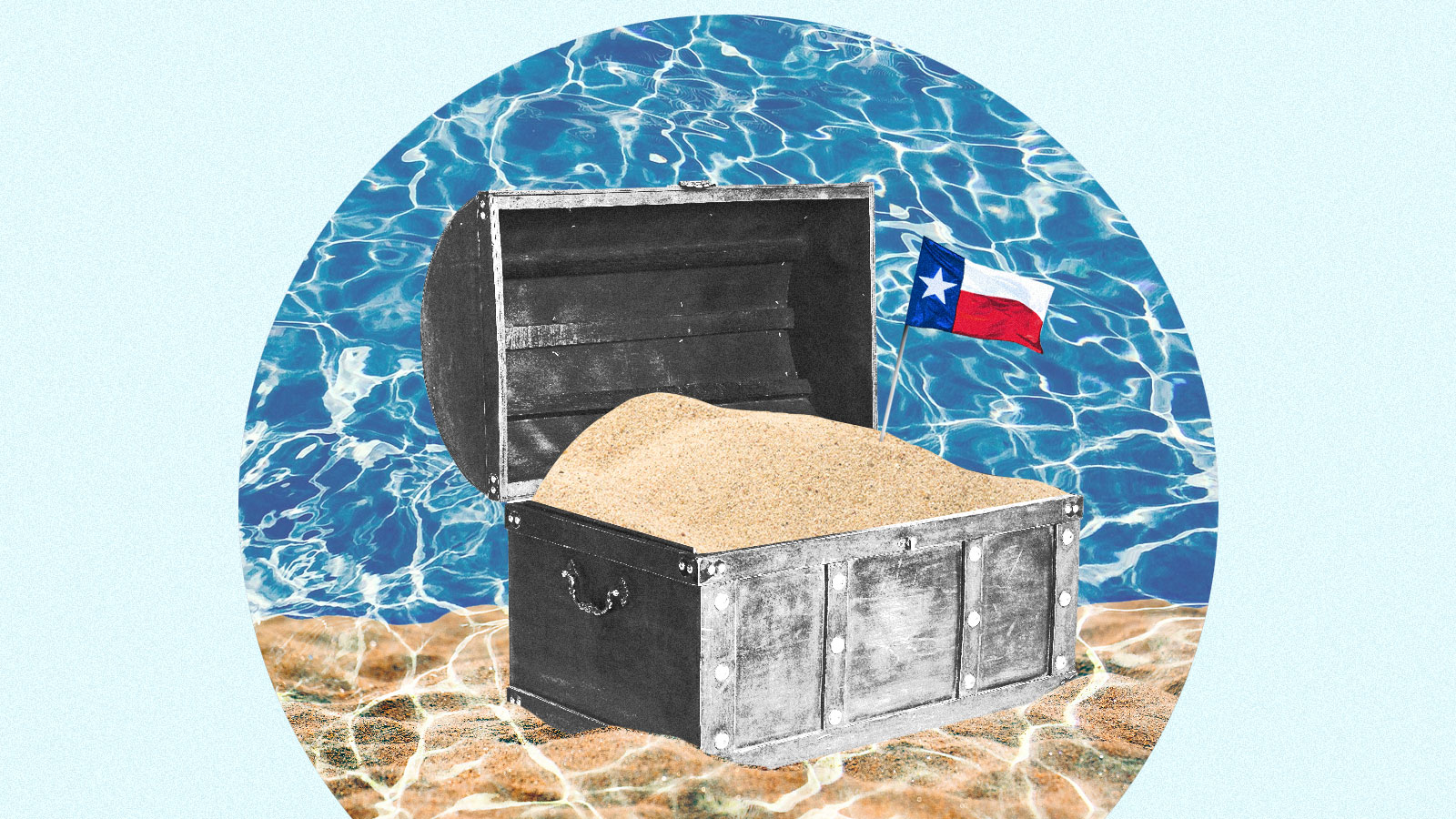 A treasure chest filled with sand and a small Texas flag
