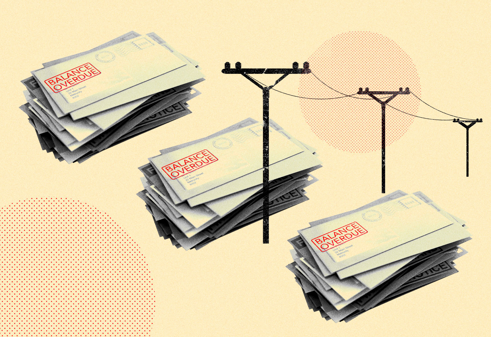 Photo collage of stacks of overdue bills and power lines