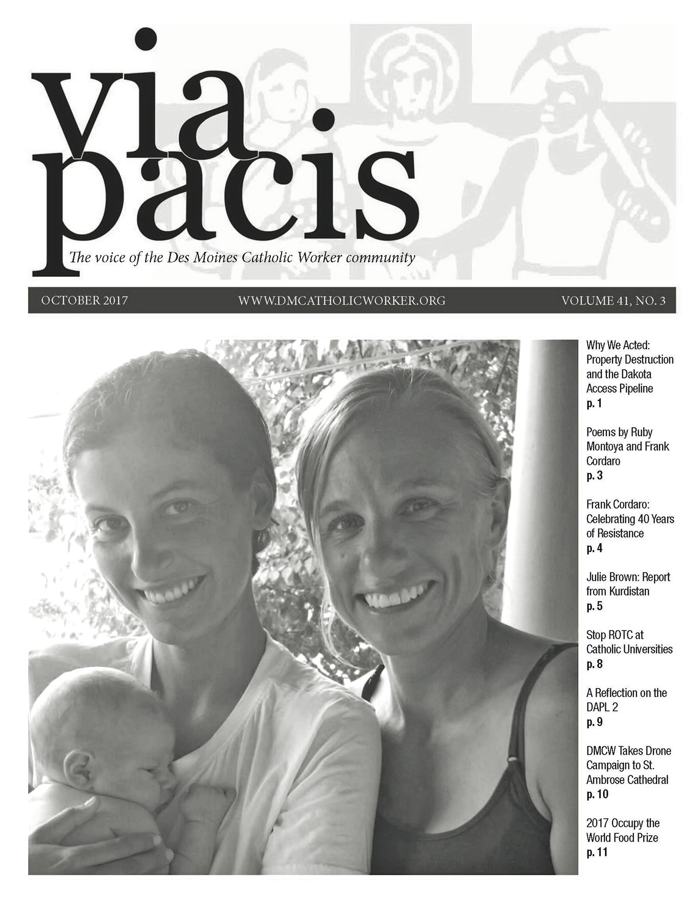 A black and white scan of the Via Pacis magazine with a photo of Jessica Reznicek (right) and Ruby Montoya (left) holding a baby