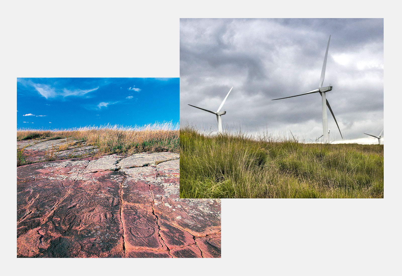 Side by side are two pictures, one of the petroglyphs and prairie and one of two wind turbines on a prairie.
